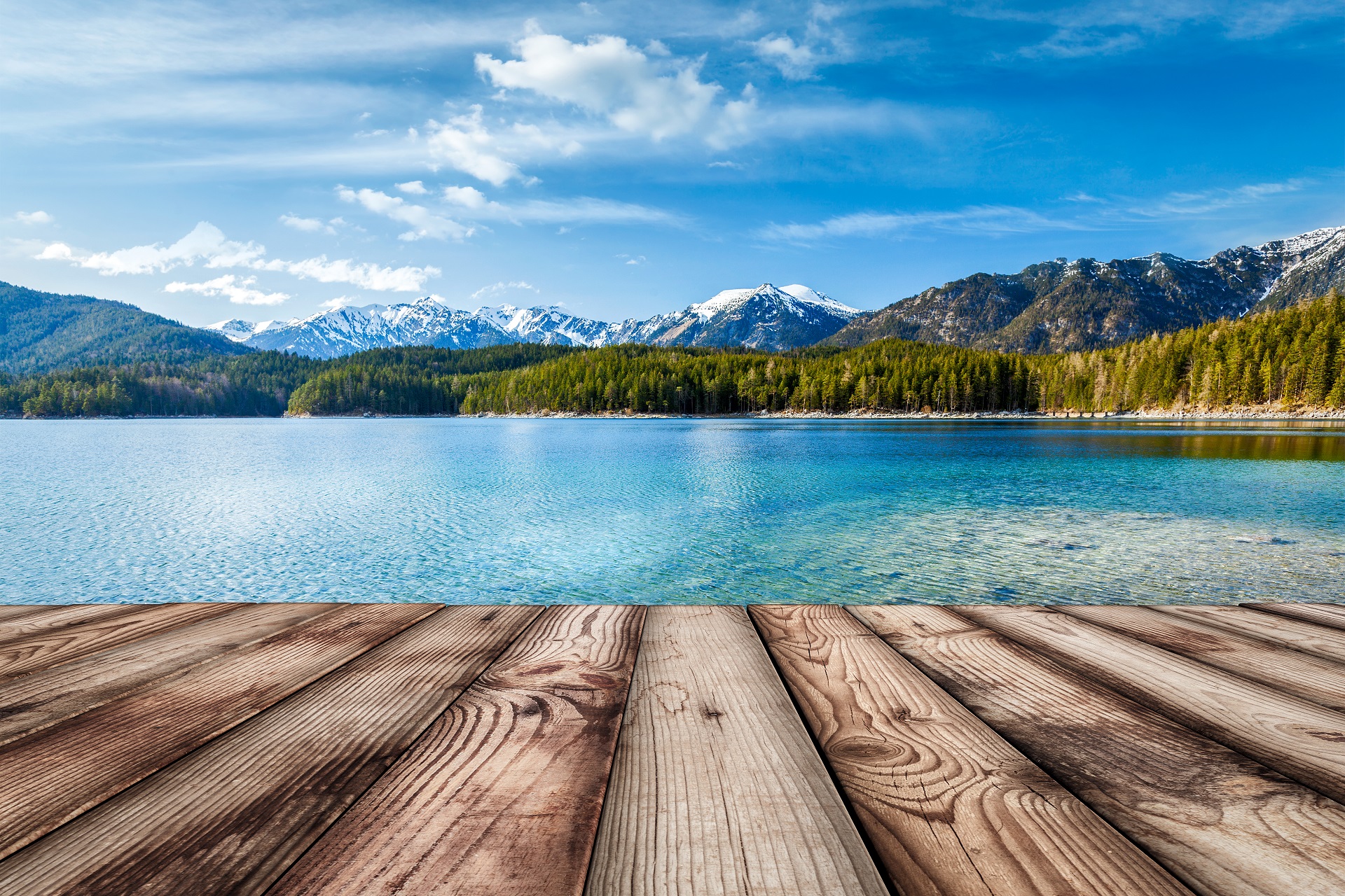 Wooden planks background with lake, Germany